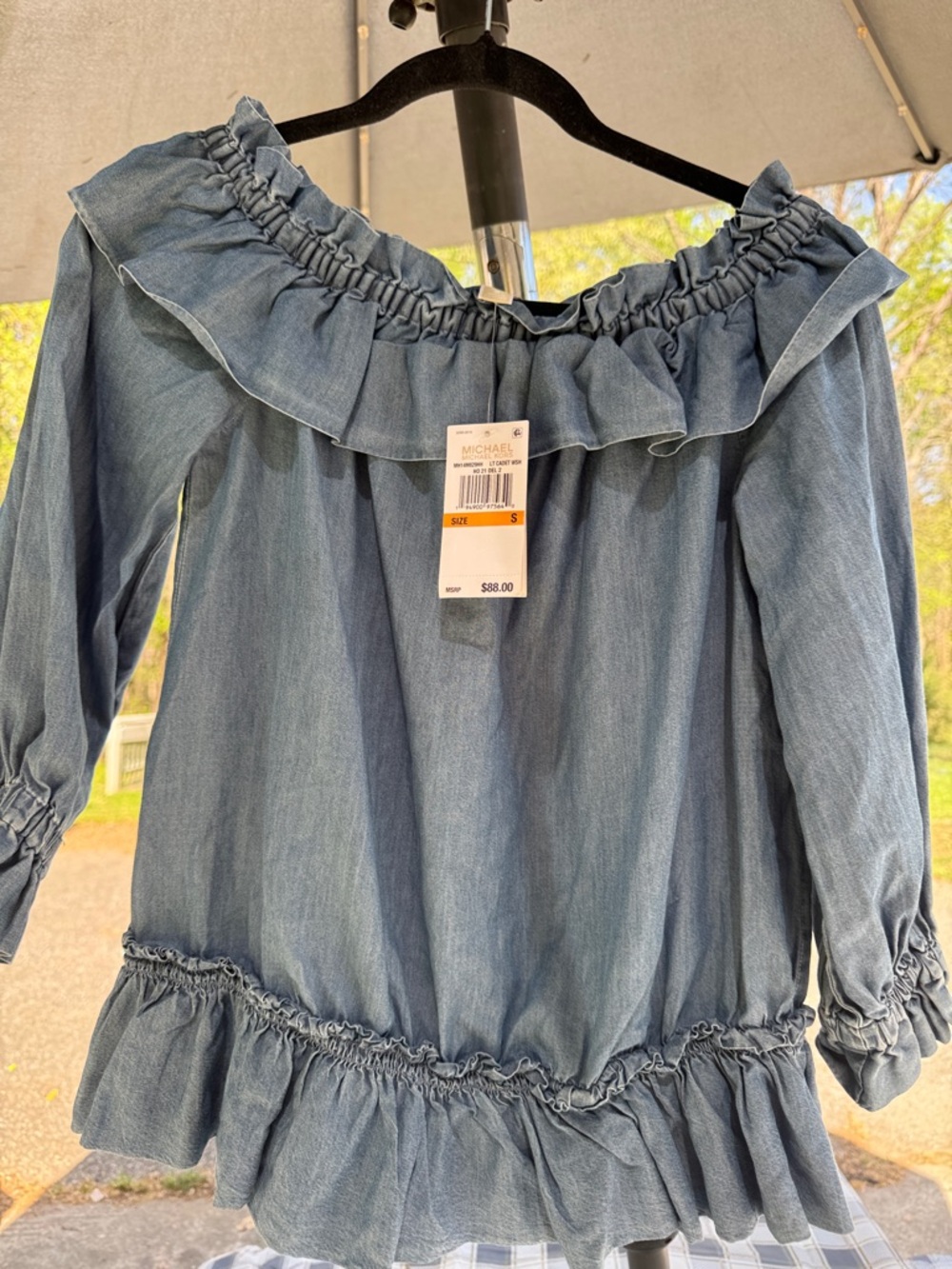 Michael Kors Light Blue Chambray Off-Shoulder Ruffle Blouse